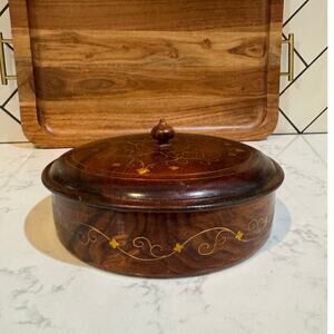 wooden round spice box masala dabba dry fruit serving tray brass inlay decor